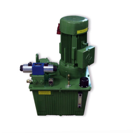 Grünes Hydraulikaggregat mit senkrechtem Elektromotor, Ventileinheit und kompaktem Tank mit Füllstandsanzeige.